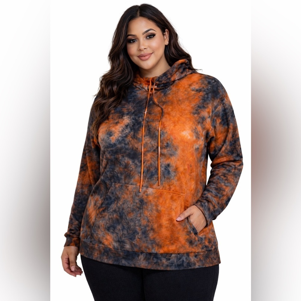 Women’s Free Kisses Orange & Charcoal Tie-Dye Hoodie Pullover  Size Plus Size 1X